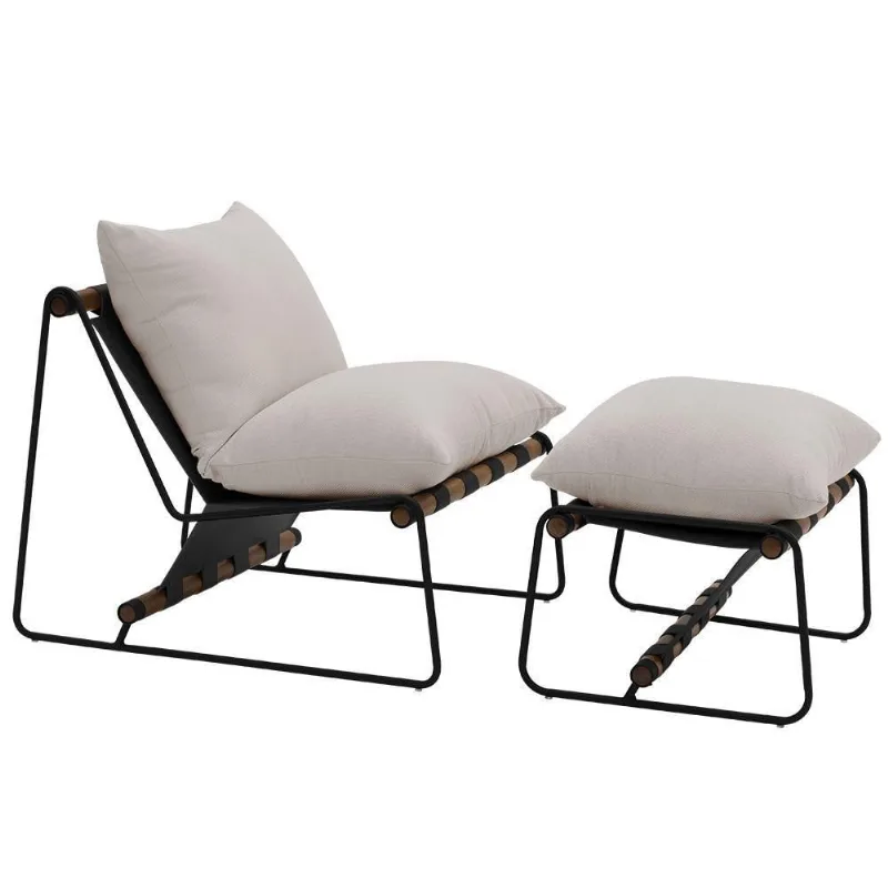 Kit Poltrona Com Puff Turim Base Aço Preto Recouro Black Linho Off White - Nexta Casa