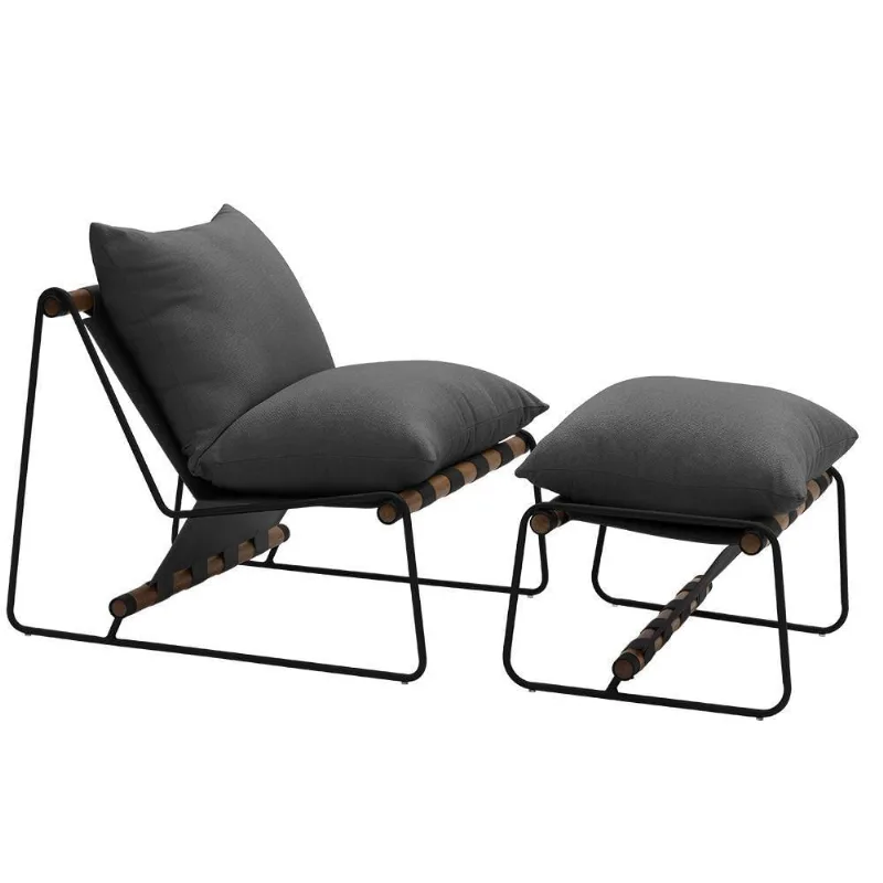 Kit Poltrona Com Puff Turim Base Aço Preto Recouro Black Poliéster Cinza - Nexta Casa
