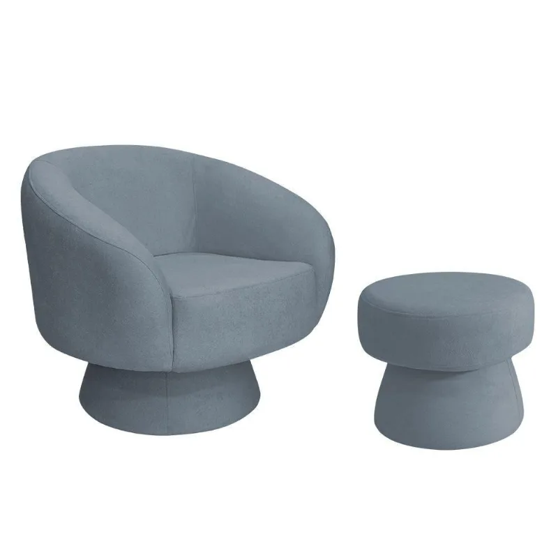 Poltrona Decorativa Giratória Com Puff Liz Bouclé Azul Claro - Nexta Casa