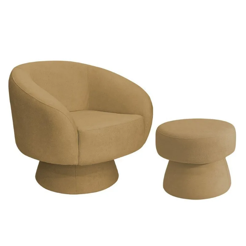 Poltrona Decorativa Giratória Com Puff Liz Bouclé Camel - Nexta Casa