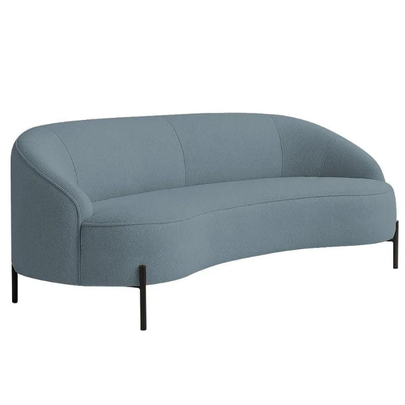 Sofá Curvo Porto 03 Lugares 180cm Pés Preto Bouclé Azul Claro - Nexta Casa