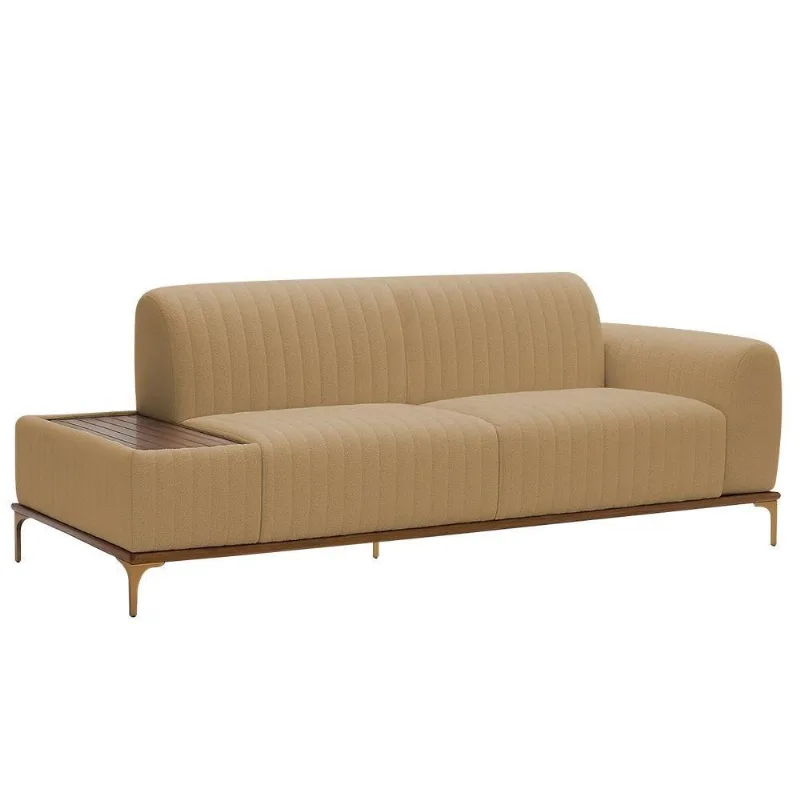 Sofá Molino 3 Lugares 180cm C/mesa Auxiliar Direito Pés Ouro.f Bouclé Camel - Nexta Casa