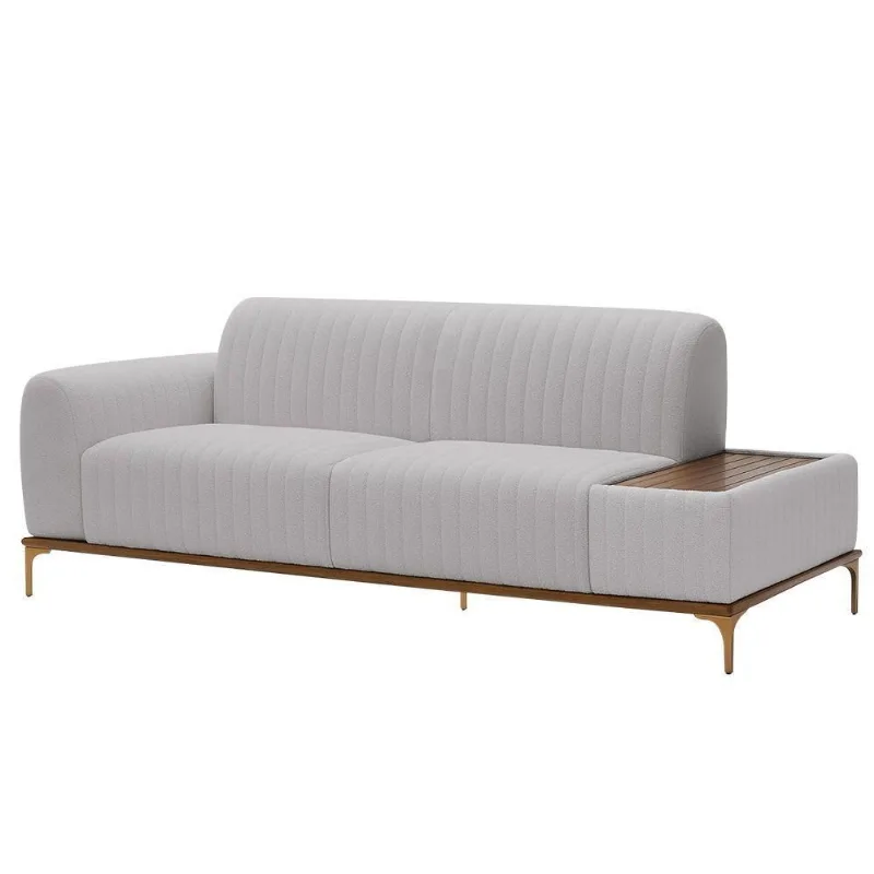 Sofá Molino 3 Lugares 210cm C/mesa Auxiliar Esquerdo Pés Ouro.f Bouclé Cinza Claro - Nexta Casa
