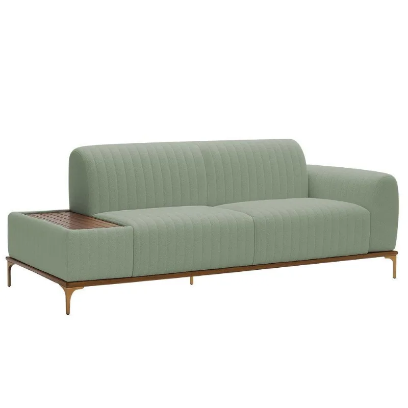 Sofá Molino 3 Lugares 210cm C/mesa Auxiliar Direito Pés Ouro.f Bouclé Verde Claro - Nexta Casa - Nexta Casa