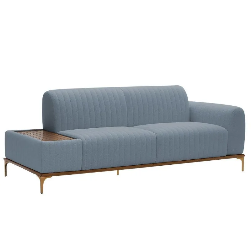 Sofá Molino 3 Lugares 210cm C/mesa Auxiliar Direito Pés Ouro.f Bouclé Azul Claro - Nexta Casa - Nexta Casa