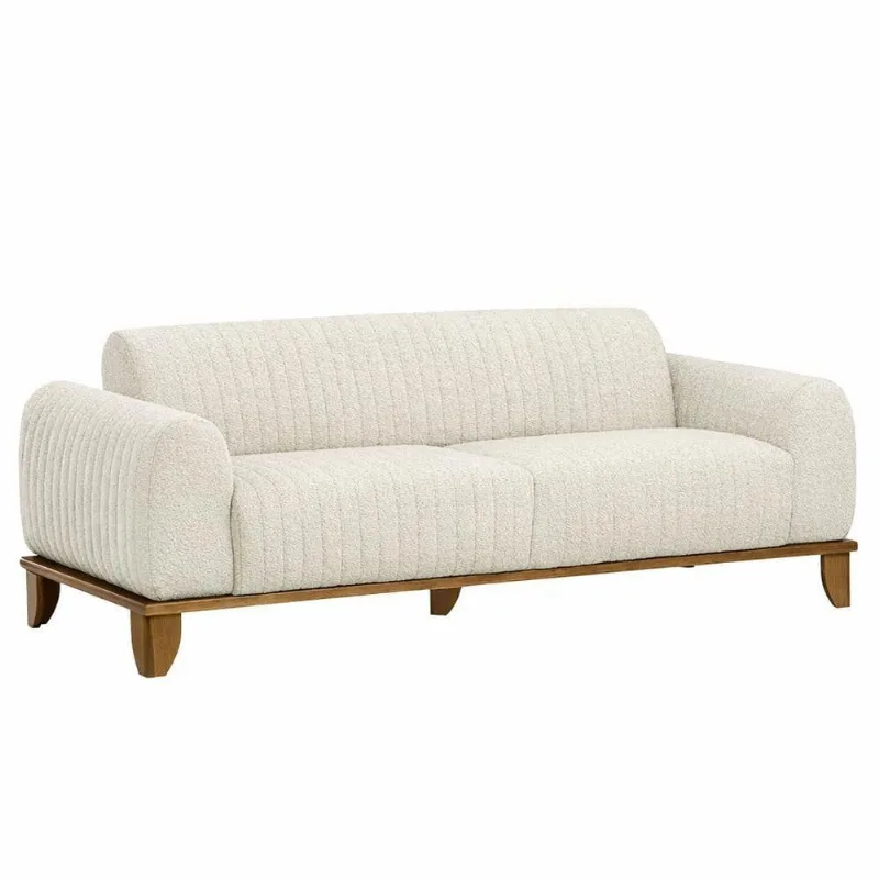 Sofá Molino 3 Lugares 180cm Pés Madeira Castanho Bouclé Off White - Nexta Casa - Nexta Casa