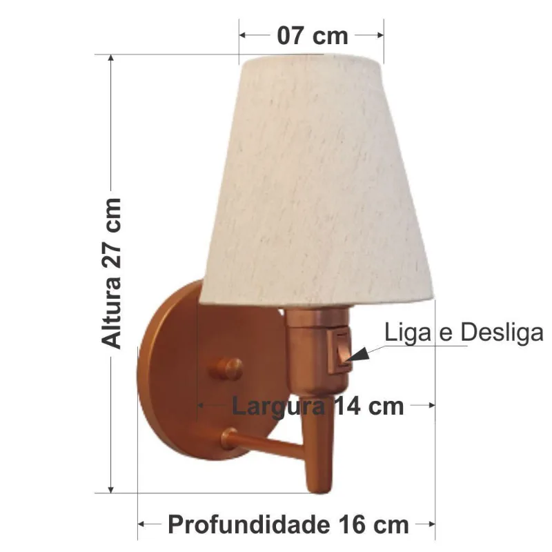 Arandela Cone Md-2013 Cobre Com Liga E Desliga Cúpula Tecido Linho Bege Bivolt