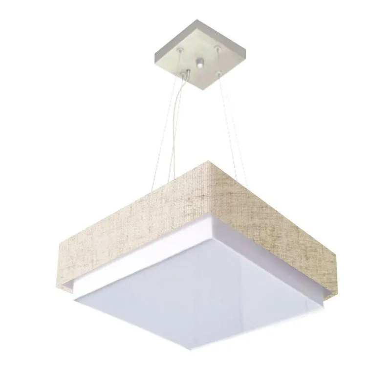 Lustre Para Sala De Jantar MD-4404 Cúpula Em Tecido 50x50cm Formato Quadrado Rústico-Bege Vivare
