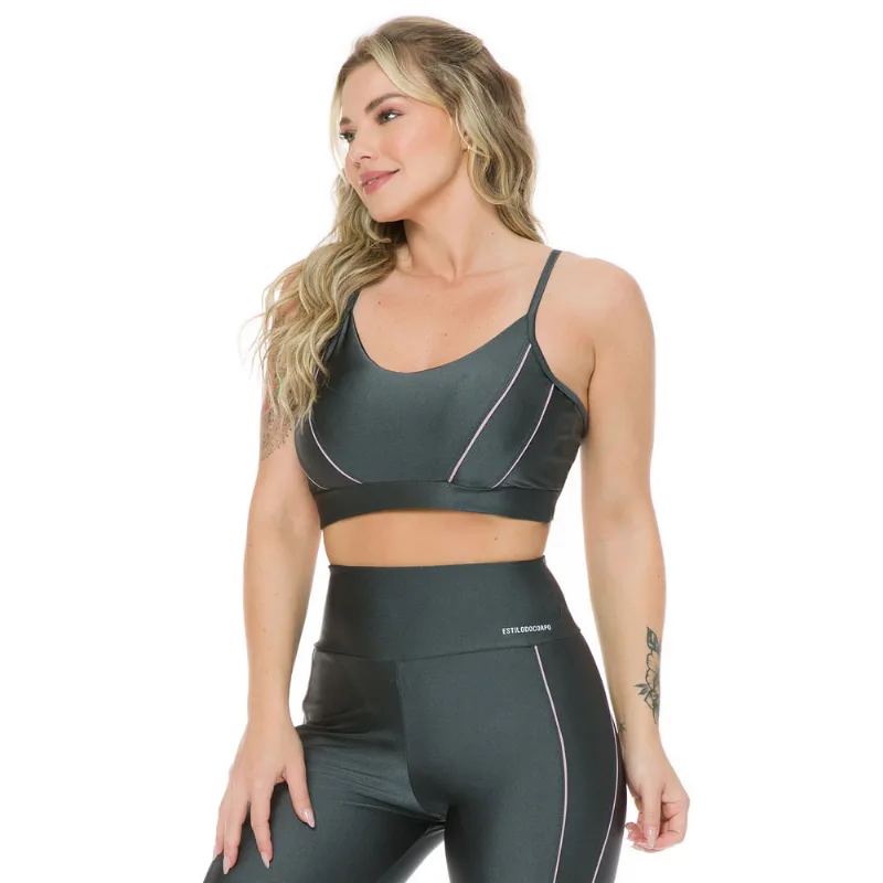 Top Feminino Estilo do Corpo Trilobal Filetes Cinza - M