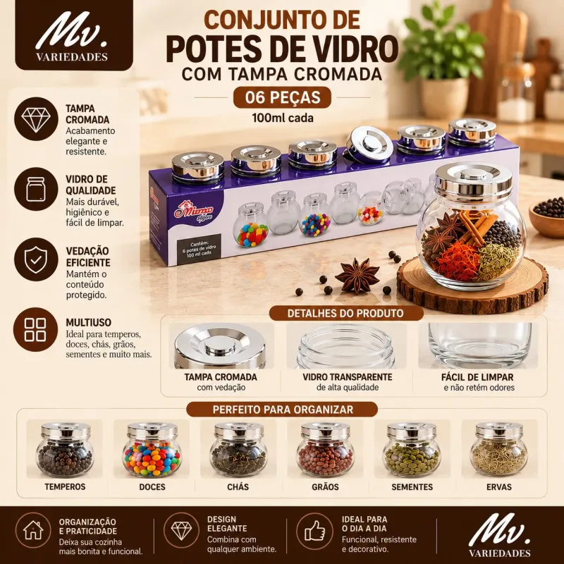 CONJUNTO DE POTES DE VIDRO COM TAMPA CROMADA