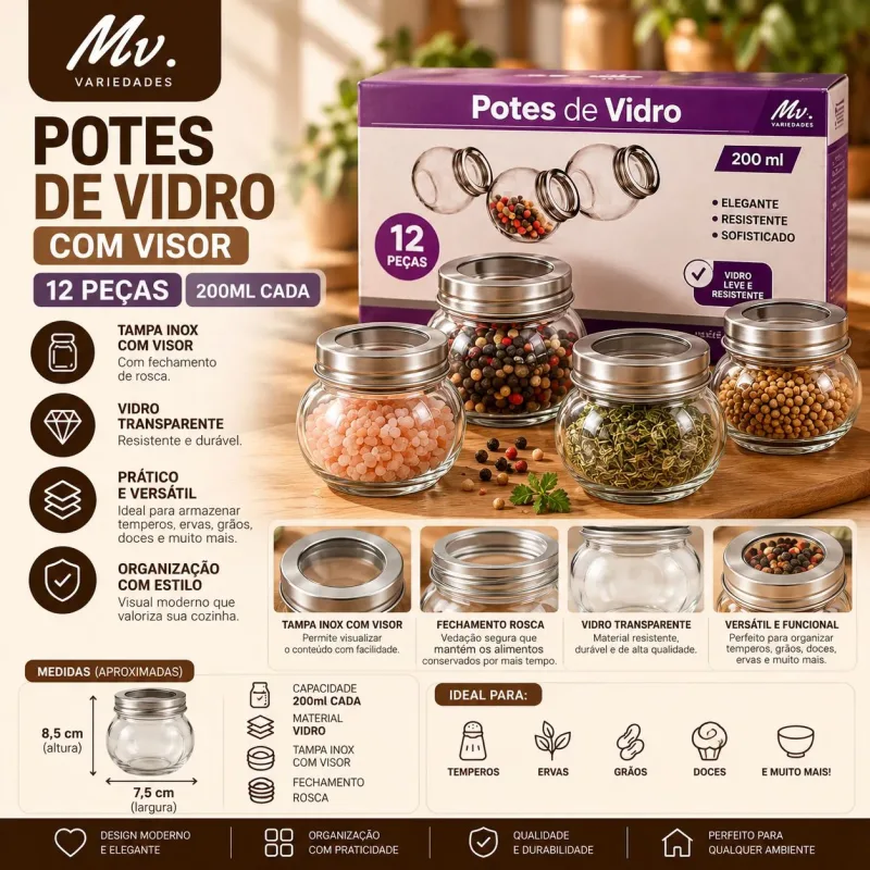 JOGO DE POTES DE VIDRO COM VISOR 12 PEÇAS