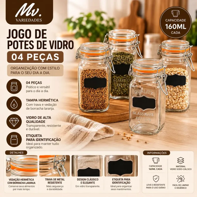 JOGO DE POTES HERMÉTICOS DE VIDRO 4 PEÇAS