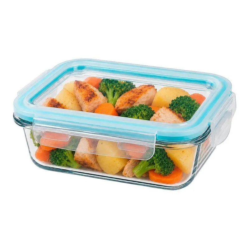 Pote De Vidro Marmita Hermético Retangular Com Tampa Azul Claro 400ml Em Casa Tem