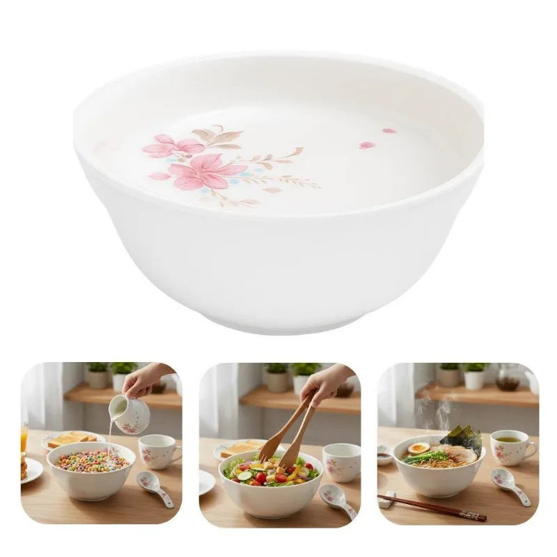 Tigela Saladeira Flowers Bord Vidro Opalino 1400ml para Sobremesas Branco com Detalhes Rosas em Casa