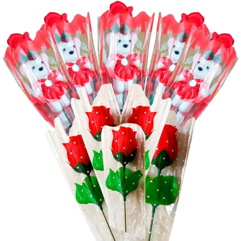 Kit Com 10 Flores Buquê De Rosas Vermelhas Ursinho Romantico