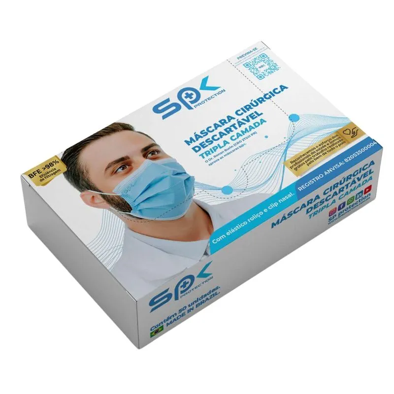 Mascara Tripla Proteção Descartável Azul 50un Sp Protection