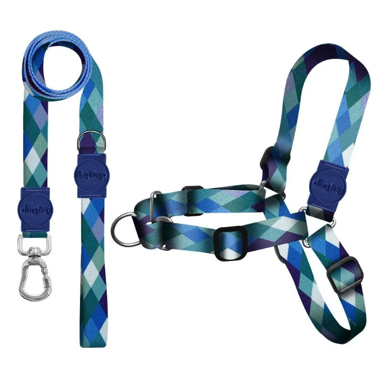 Kit Guia Premium + Peitoral Antipuxão Dog Trip Brasil Quadriculada Azul Para Cães - Tam. G