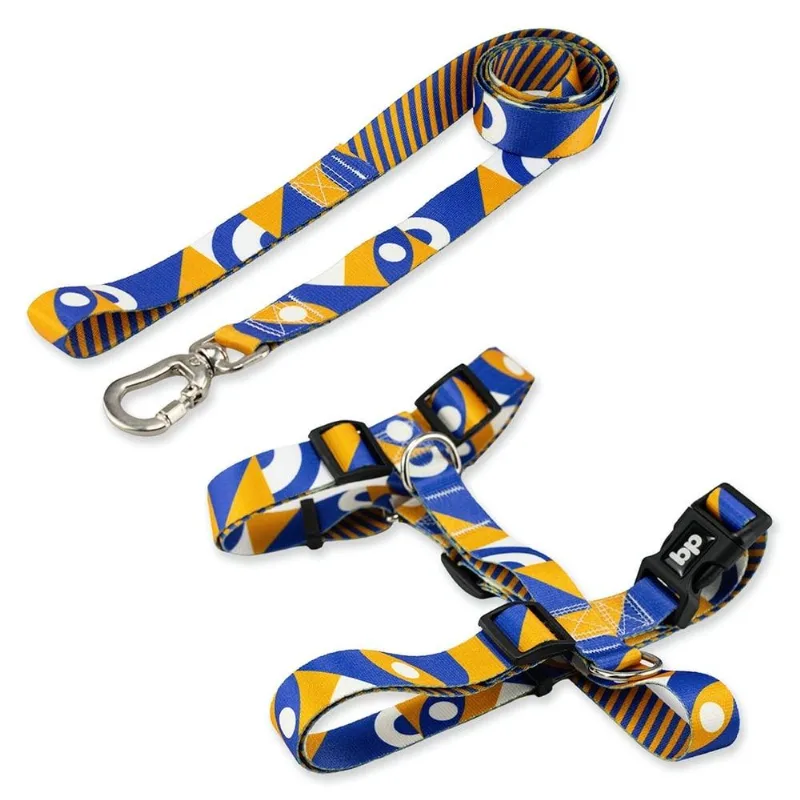 Kit Guia + Peitoral H Basic Pet Amarelo E Azul Moss Para Cães - Tam. P