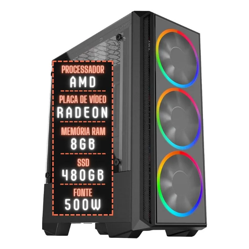 PC Gamer 3green Expert Processador AMD com 10 núcleos 8GB RAM Placa de vídeo Radeon SSD 480GB Fonte 500W 3GE-006