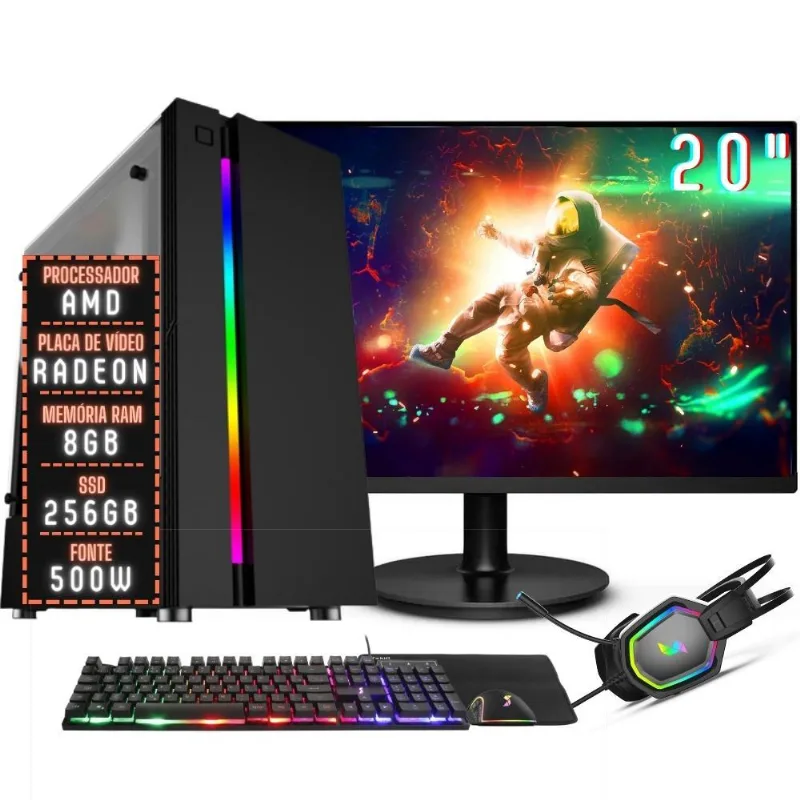 PC Gamer Completo 3green Expert Processador AMD com 10 núcleos 8GB RAM Placa de vídeo Radeon SSD 256GB Monitor 20" 75Hz Fonte 500W 3GE-009