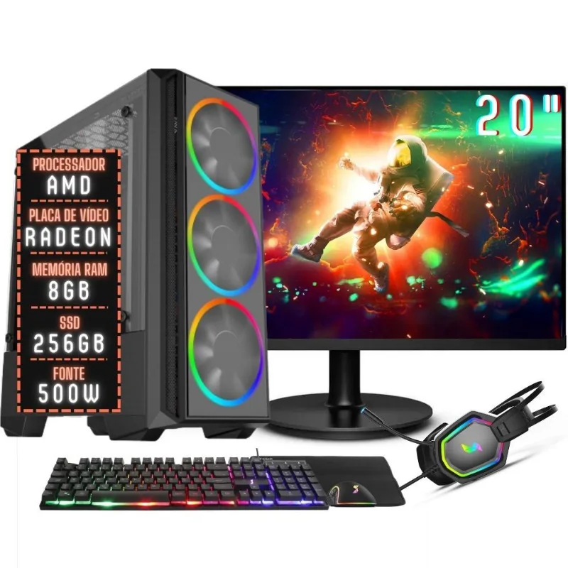 PC Gamer Completo 3green Expert Processador AMD com 10 núcleos 8GB RAM Placa de vídeo Radeon SSD 256GB Monitor 20" 75Hz Fonte 500W 3GE-013