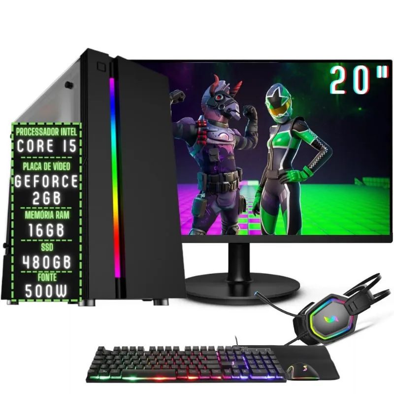Pc Gamer Completo 3green Play Intel Core i5 16GB ram Placa de vídeo Geforce 2GB ssd 480GB Monitor 20 75Hz Fonte 500W 3GP-020
