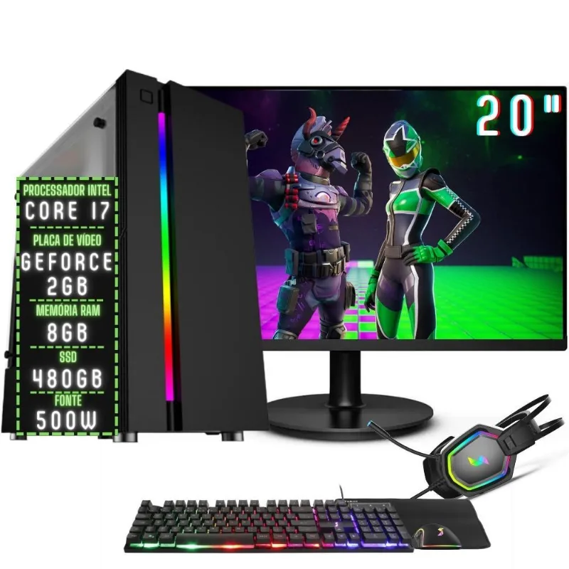 PC Gamer Completo 3green Play Intel Core i7 8GB RAM Placa de vídeo Geforce 2GB SSD 480GB Monitor 20" 75Hz Fonte 500W 3GP-050