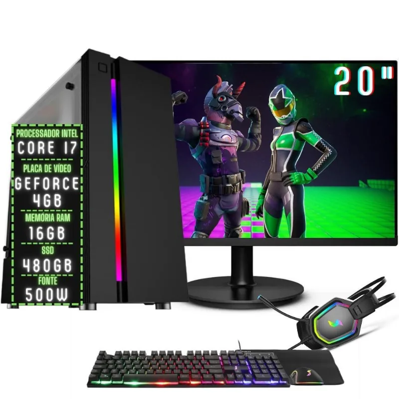 PC Gamer Completo 3green Play Intel Core i7 16GB RAM Placa de vídeo Geforce 4GB SSD 480GB Monitor 20" 75Hz Fonte 500W 3GP-056 Windows 10