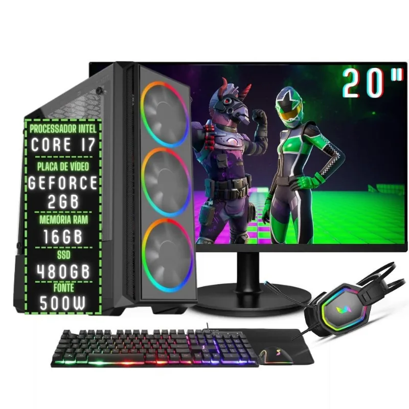 PC Gamer Completo 3green Play Intel Core i7 16GB RAM Placa de vídeo Geforce 2GB SSD 480GB Monitor 20" 75Hz Fonte 500W 3GP-060 Windows 10