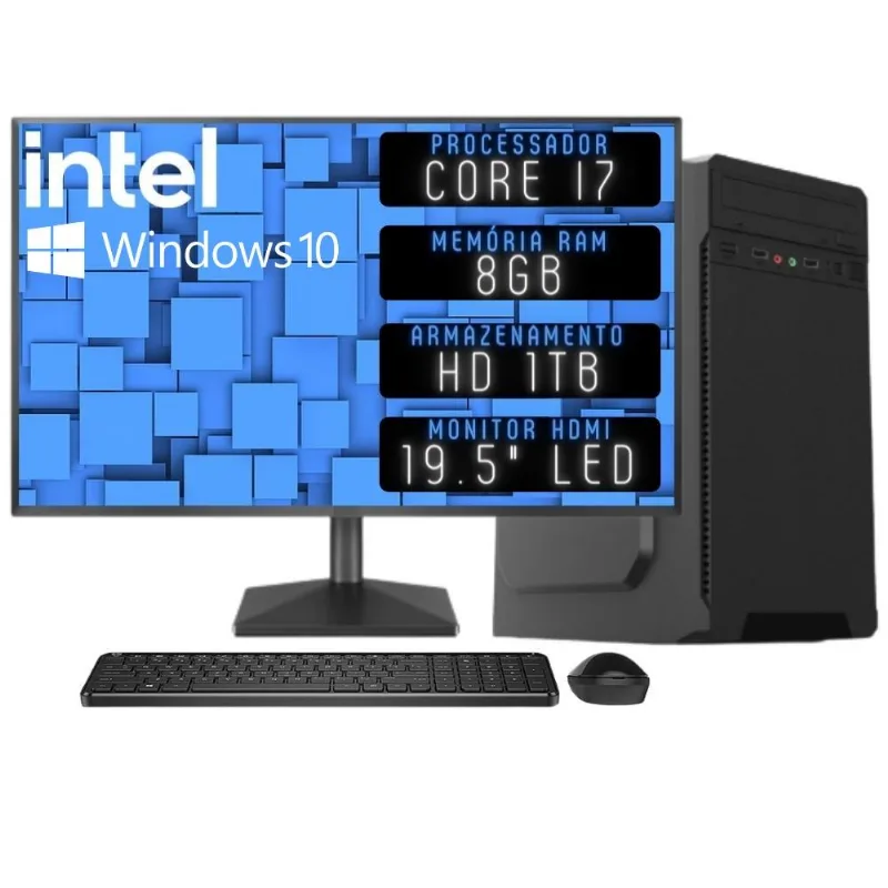 Computador Completo 3green Desktop Intel Core i7 8GB Monitor 19.5" HDMI HD 1TB Windows 10 3D-091