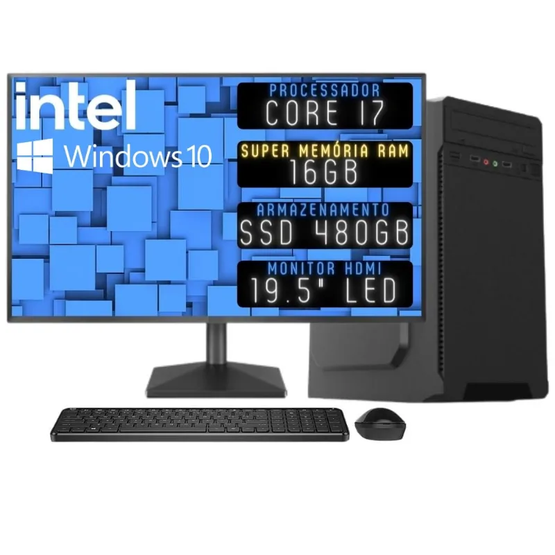 Computador Completo 3green Desktop Intel Core i7 16GB Monitor 19.5 hdmi ssd 480GB Windows 10 3D-099