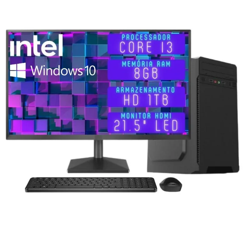 Computador Completo 3green Desktop Intel Core i3 8GB Monitor 21.5" Full HD HDMI HD 1TB Windows 10 3D-104