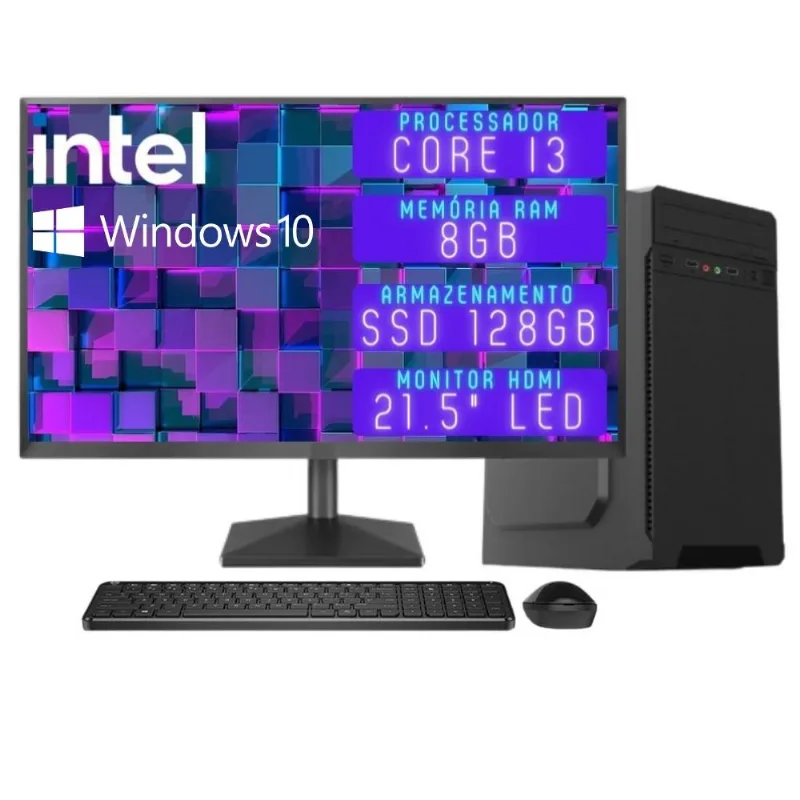 Computador Completo 3green Desktop Intel Core i3 8GB Monitor 21.5" Full HD HDMI SSD 128GB Windows 10 3D-106