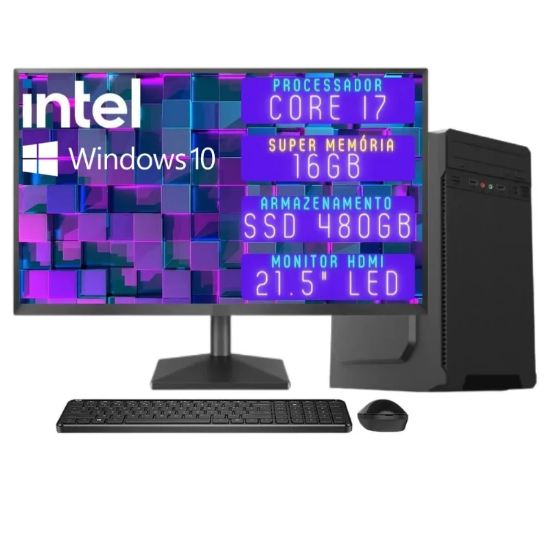 Computador Completo 3green Desktop Intel Core i7 16GB Monitor 21.5 Full HD hdmi ssd 480GB Windows 10 3D-132