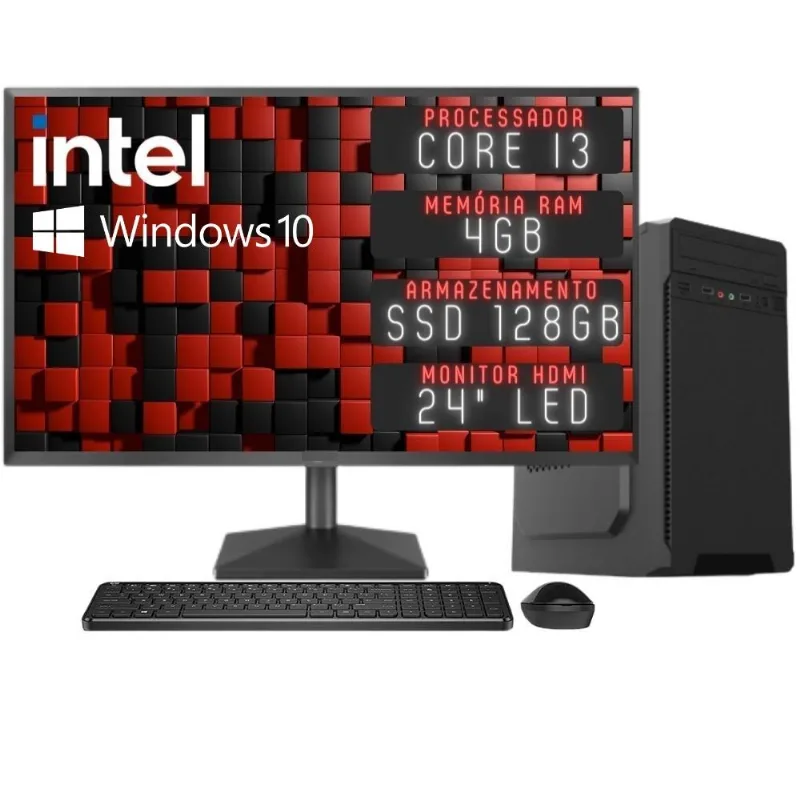 Computador Completo 3green Desktop Intel Core i3 4GB Monitor 24" Full HD HDMI SSD 128GB Windows 10 3D-134
