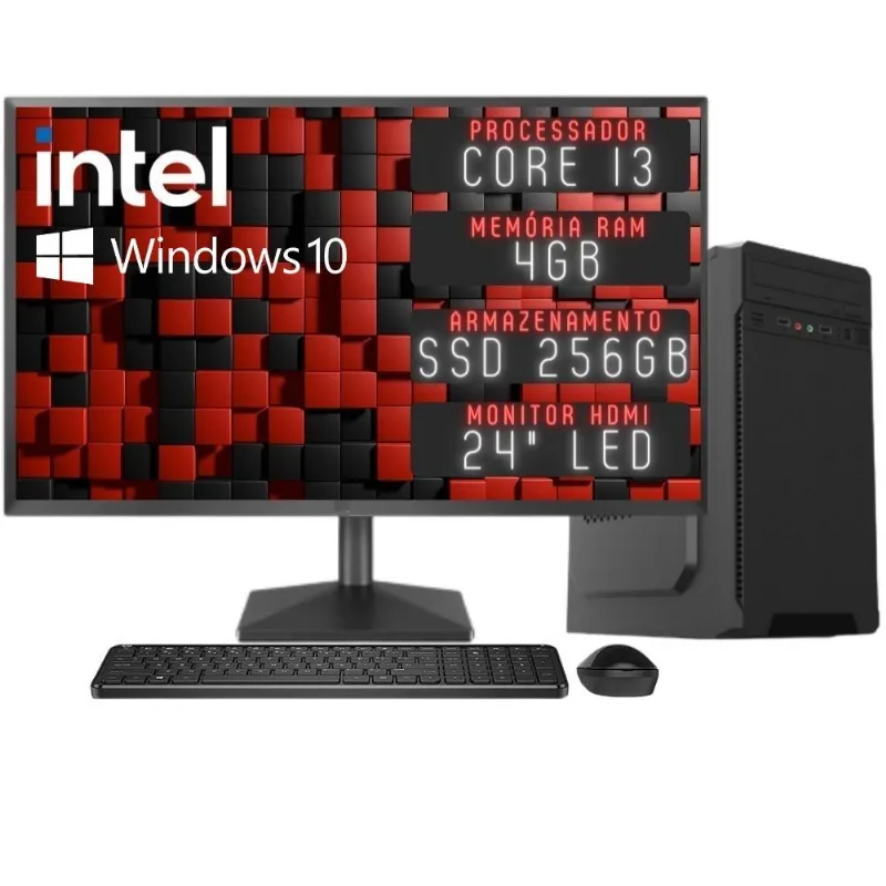 Computador Completo 3green Desktop Intel Core i3 4GB Monitor 24" Full HD HDMI SSD 256GB Windows 10 3D-135