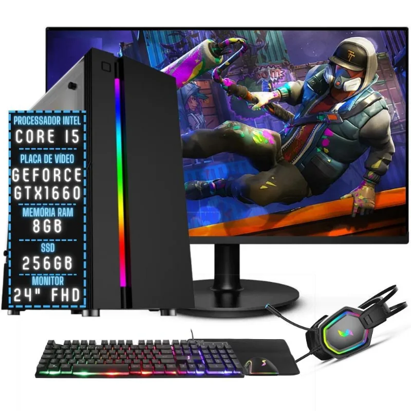 PC Gamer Completo 3green Join Intel Core i5 8GB RAM Placa de vídeo Geforce GTX 1660 Ti 6GB SSD 256GB Fonte 500W + Monitor 24" 75Hz 3GJ-029
