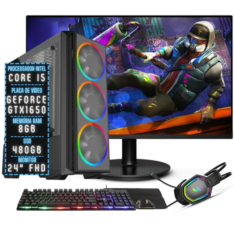 PC Gamer Completo 3green Join Intel Core i5 8GB RAM Placa de vídeo Geforce GTX 1650 4GB SSD 480GB Fonte 500W + Monitor 24" 75Hz 3GJ-038