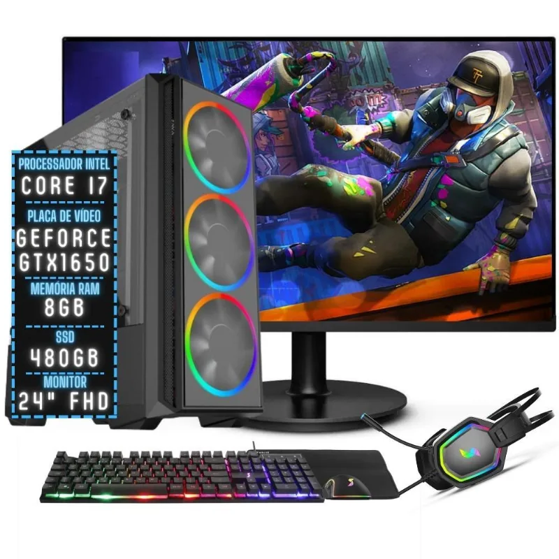 PC Gamer Completo 3green Join Intel Core i7 8GB RAM Placa de vídeo Geforce GTX 1650 4GB SSD 480GB Fonte 500W + Monitor 24" 75Hz 3GJ-086