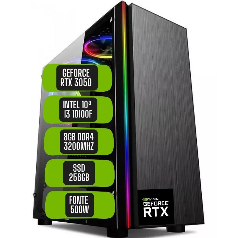 PC Gamer Skill Win Intel 10ª Geração Core i3 10100F 8GB DDR4 Placa de vídeo Geforce RTX 3050 8GB SSD 256GB STL-009