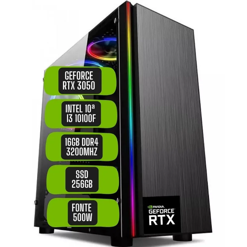 PC Gamer Skill Win Intel 10ª Geração Core i3 10100F 16GB DDR4 Placa de vídeo Geforce RTX 3050 8GB SSD 256GB STL-011