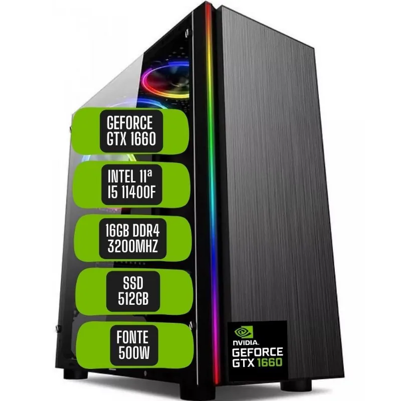 PC Gamer Skill Win Intel 11ª Geração Core i5 11400F 16GB DDR4 Placa de vídeo Geforce GTX 1660 Ti 6GB SSD 512GB STL-044