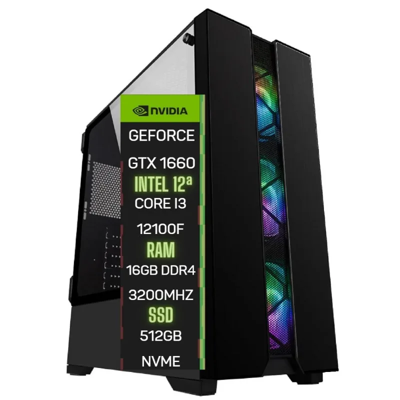 PC Gamer Skill Top Intel 12ª Geração Core i3 12100F 16GB DDR4 Placa de vídeo Geforce GTX 1660 Ti 6GB SSD 512GB ST-020