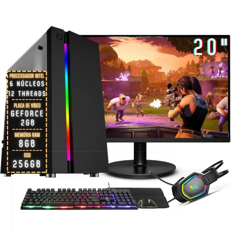 PC Gamer Completo 3green Pulse Intel 6 núcleos 12 threads 8GB DDR4 Placa de vídeo Geforce 2GB SSD 256GB Monitor 20" 75Hz Fonte 500W 3GPU-017
