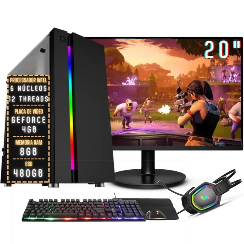 PC Gamer Completo 3green Pulse Intel 6 núcleos 12 threads 8GB DDR4 Placa de vídeo Geforce 4GB SSD 480GB Monitor 20" 75Hz Fonte 500W 3GPU-022