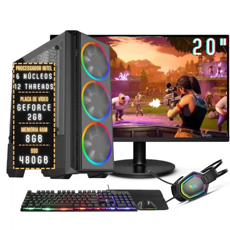 PC Gamer Completo 3green Pulse Intel 6 núcleos 12 threads 8GB DDR4 Placa de vídeo Geforce 2GB SSD 480GB Monitor 20" 75Hz Fonte 500W 3GPU-026