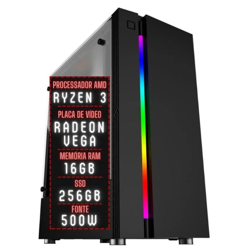 PC Gamer 3green Force AMD Ryzen 3 16GB DDR4 Placa de vídeo Radeon VEGA SSD 256GB Fonte 500W 3GFO-003