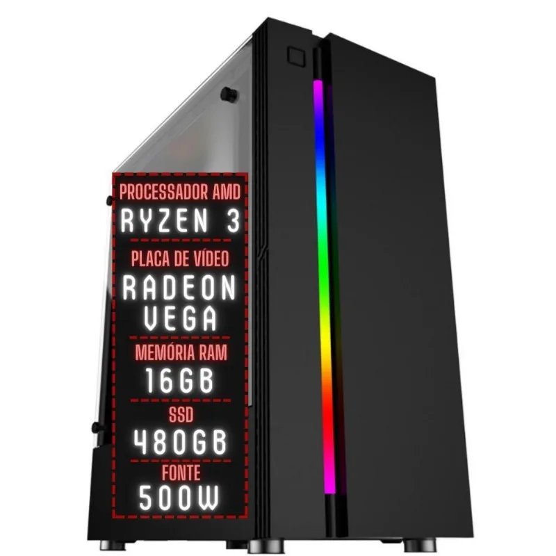 PC Gamer 3green Force AMD Ryzen 3 16GB DDR4 Placa de vídeo Radeon VEGA SSD 480GB Fonte 500W 3GFO-004