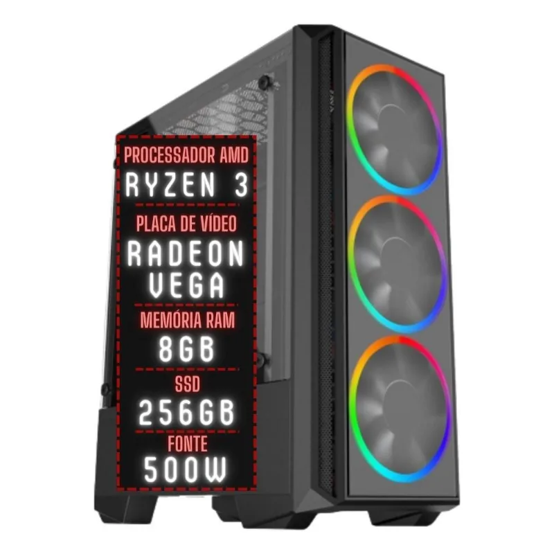 PC Gamer 3green Force AMD Ryzen 3 8GB DDR4 Placa de vídeo Radeon VEGA SSD 256GB Fonte 500W 3GFO-005