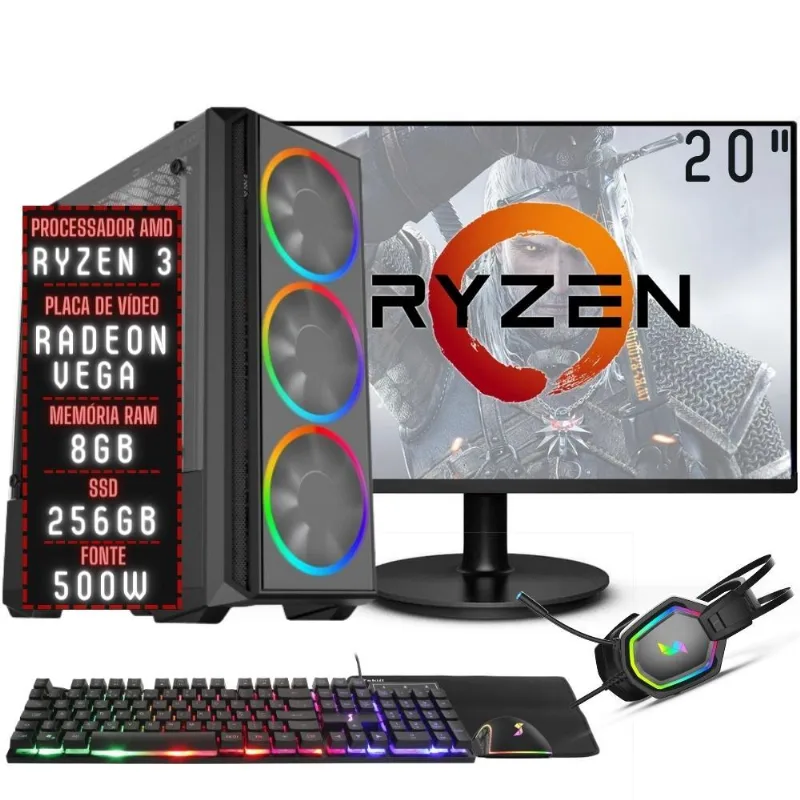 PC Gamer Completo 3green Force AMD Ryzen 3 8GB DDR4 Placa de vídeo Radeon VEGA SSD 256GB Monitor 20" 75Hz Fonte 500W 3GFO-021